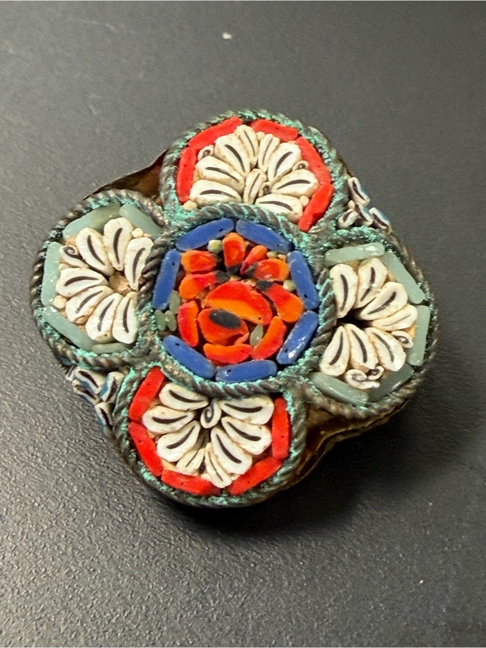 Italian Handcrafted Floral Mosaic Brooch - Red, Blue & White